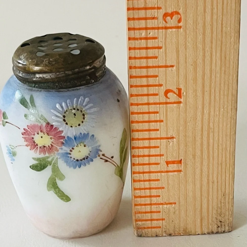 Hand-Painted Milk Glass Floral Salt Shaker with Metal Lid